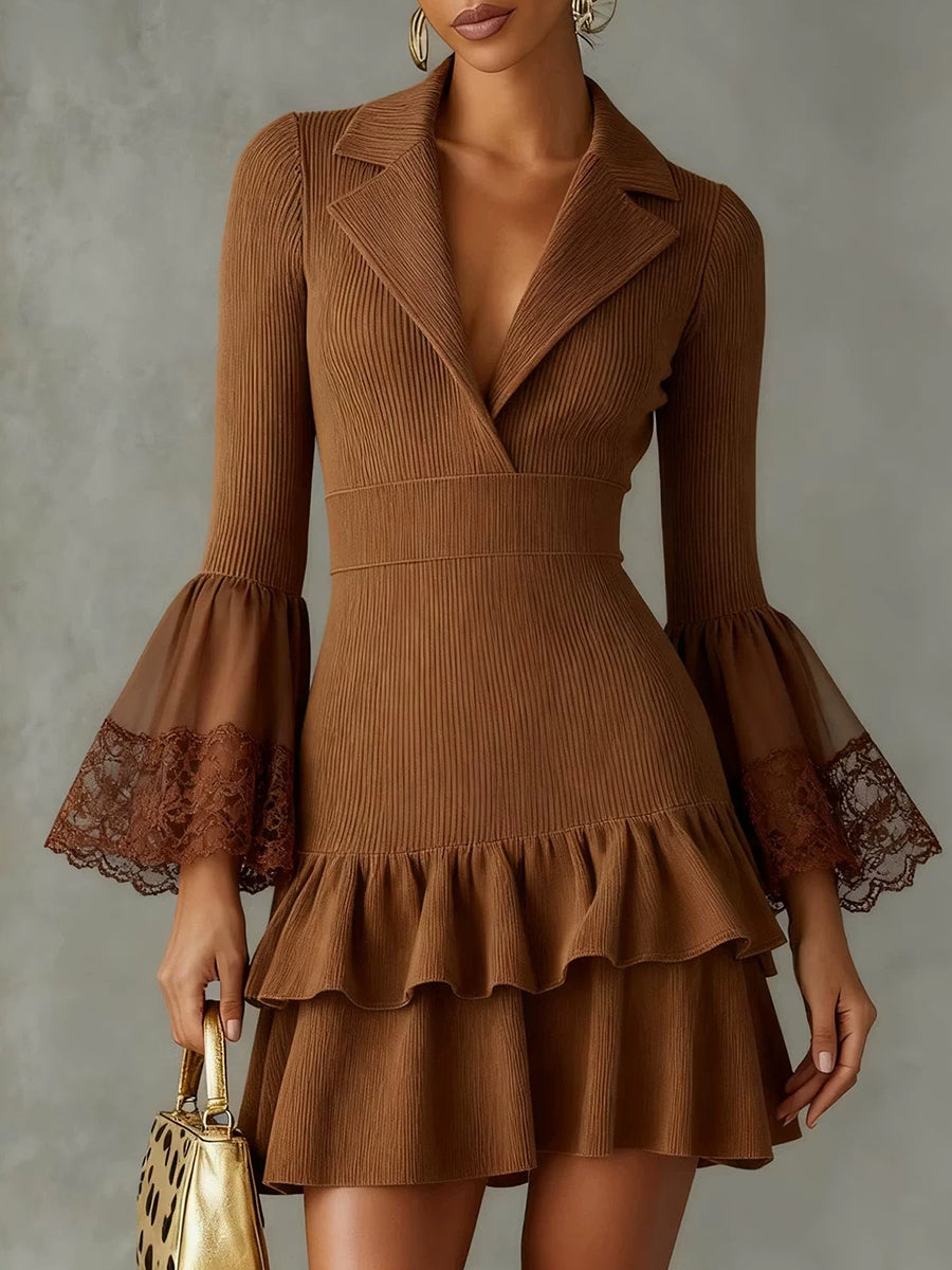 Curated Designer –Elegant Ribbed Knit Lace-Trim Ruffle Dress