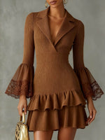 Curated Designer –Elegant Ribbed Knit Lace-Trim Ruffle Dress