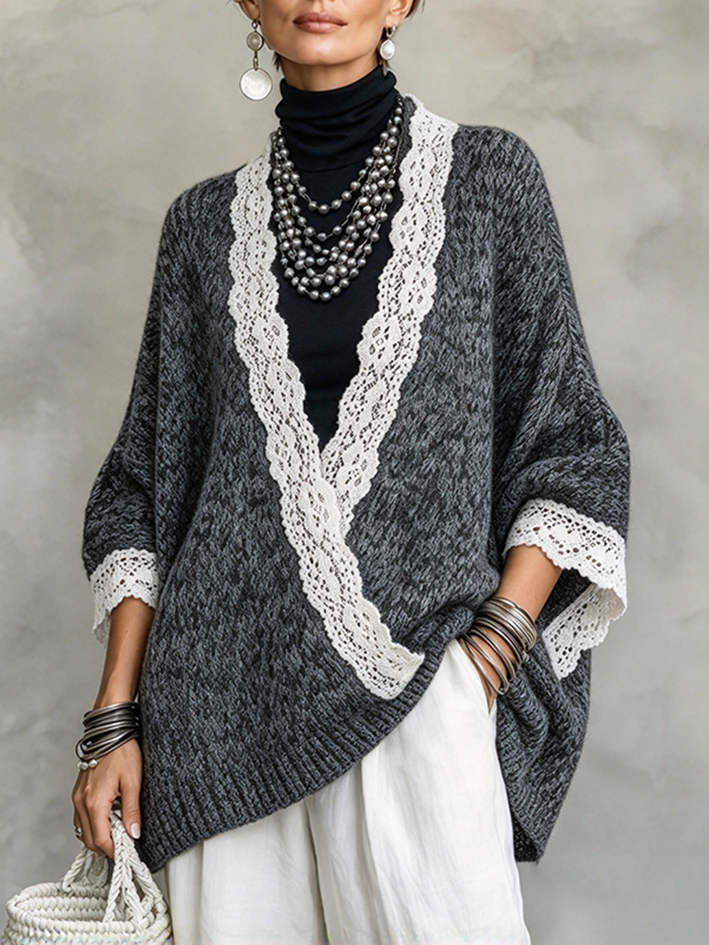 Cozy Relaxed Vintage Lace Trimmed Knit Sweater