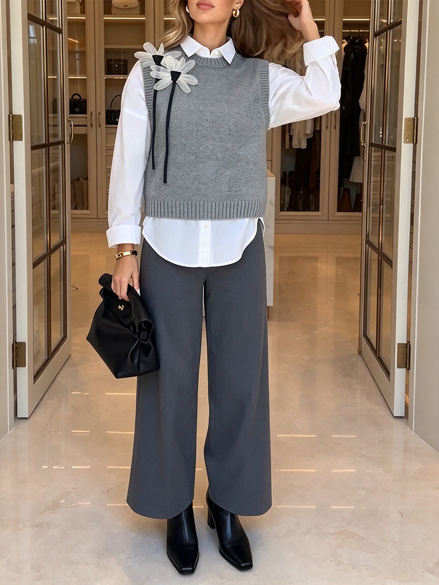 Casual 3d Floral Knit Vest And Wide-leg Pants Set