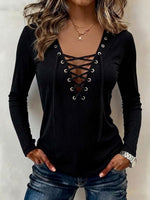 Long-sleeve Knit Top With V-neck, Lace-up Detail, And Eyelets