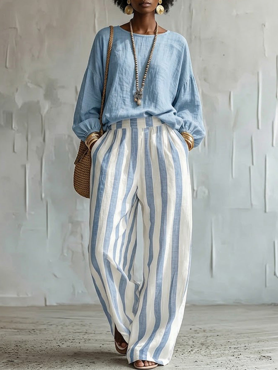 Comfortable Classic Striped Cotton-linen Two-piece Set