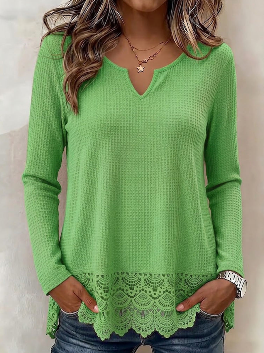 Elegant Solid-color Waffle-knit Long-sleeve Top With Lace-trimmed Notched Collar