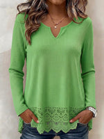 Elegant Solid-color Waffle-knit Long-sleeve Top With Lace-trimmed Notched Collar