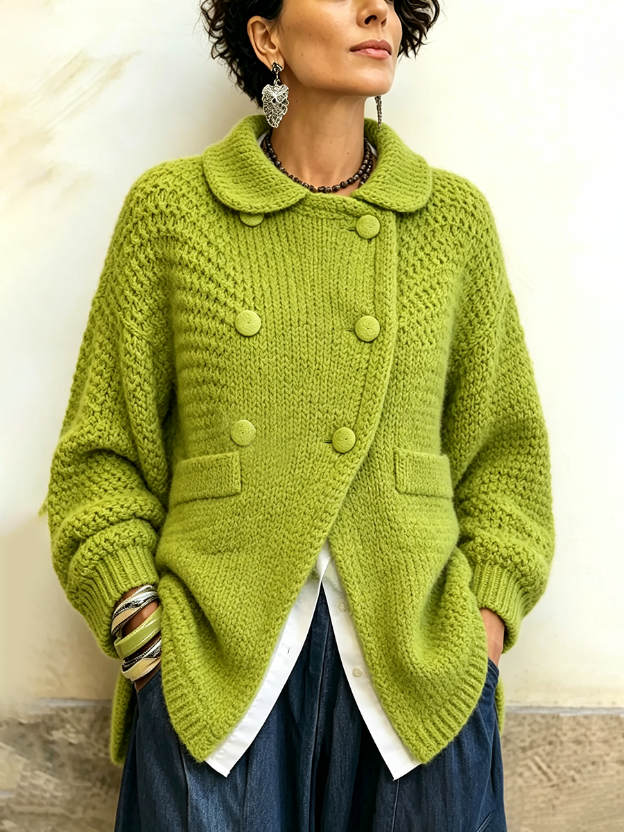 Elegant Lime Green Double-breasted Knit Cardigan