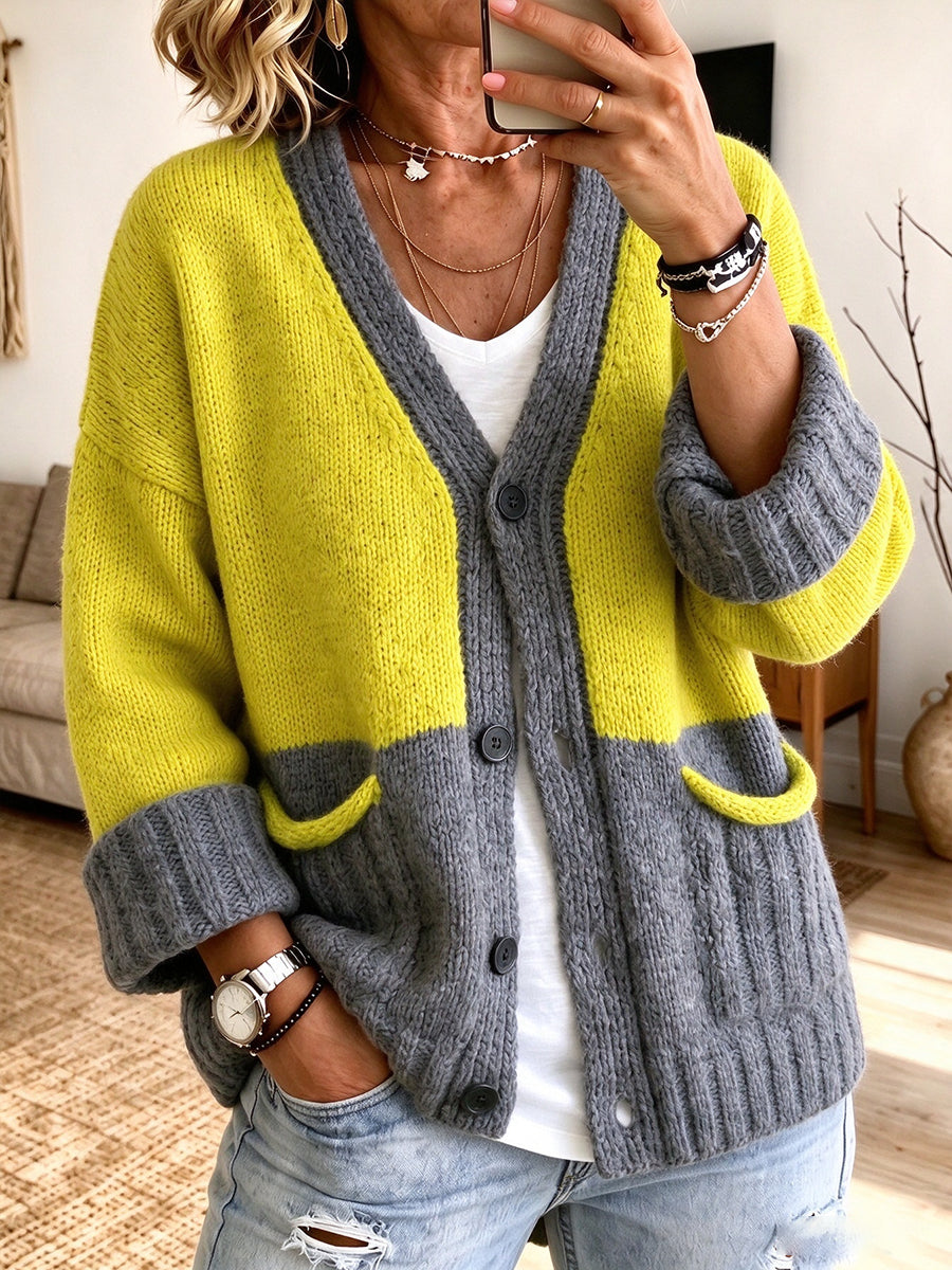 Color-Blocked V-Neck Knit Cardigan