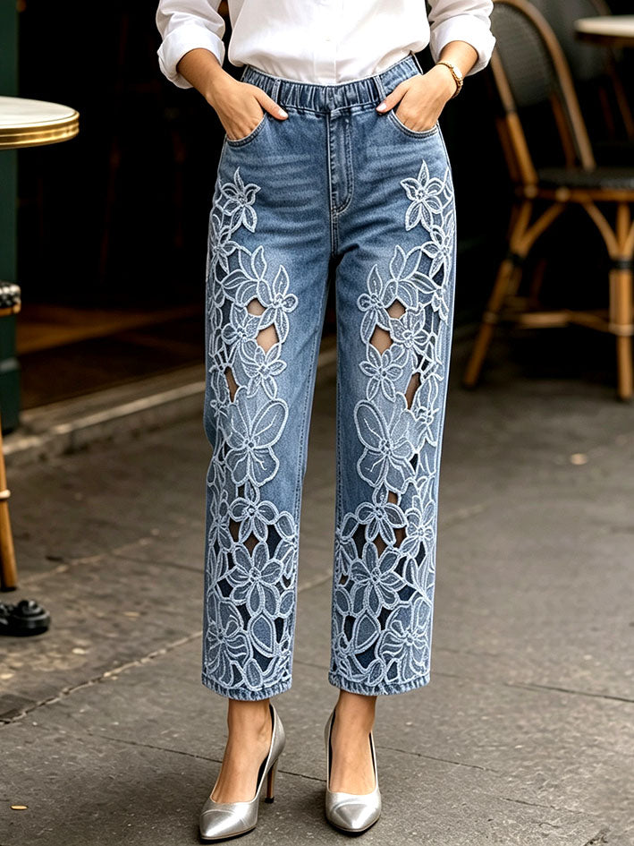 Stylish And Elegant Shimmering Floral Jeans