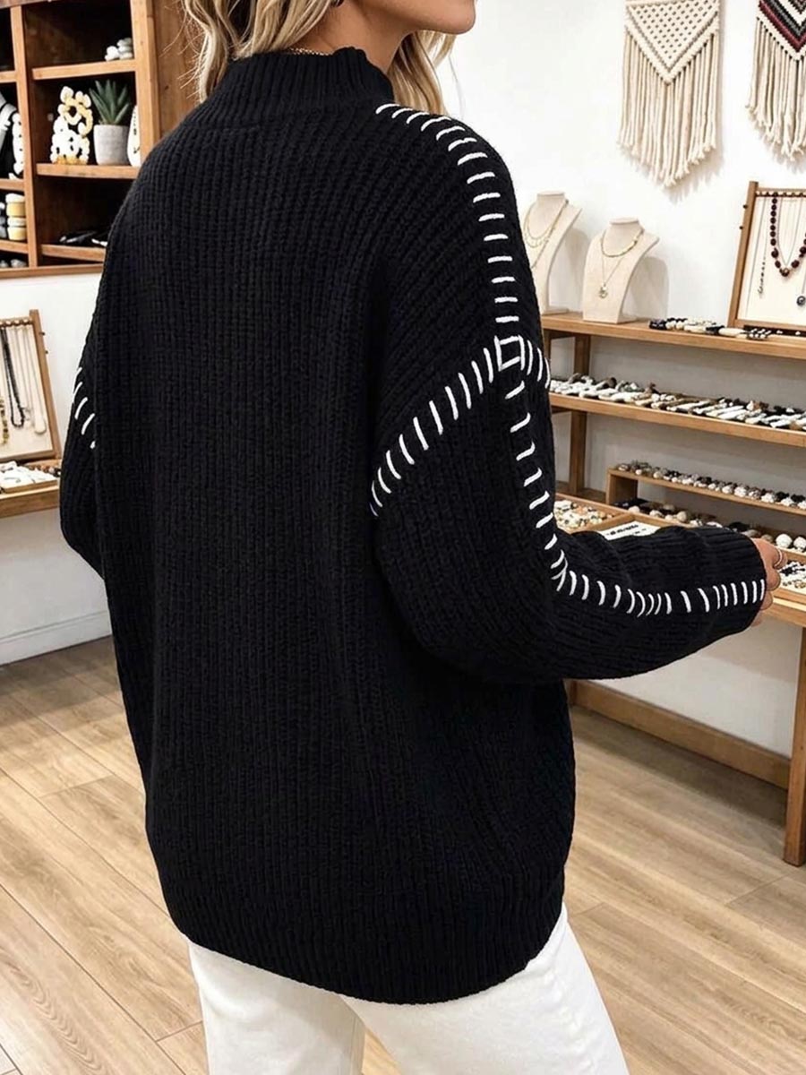 Oversized Black Chunky Knit Sweater with Contrast Stitching