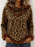 Women's Leopard Print Faux Fur Trim Drawstring Hoodie
