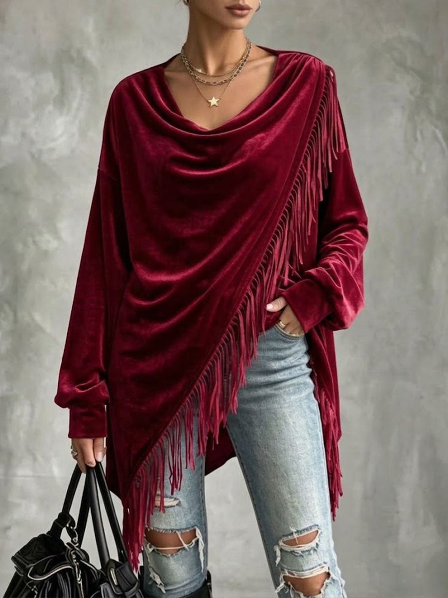 Women's Solid Color Cowl Neck Long-sleeve Loose Casual Tassel Top