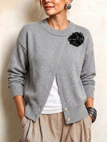 Loose-fit Knit Top With An Asymmetric Placket And 3d Floral Embellishments