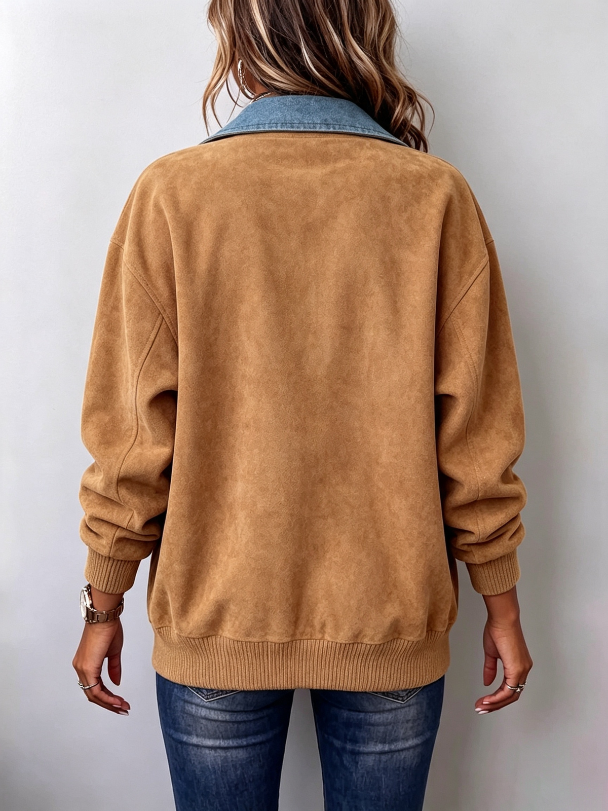 Vintage-chic Suede Patchwork Denim Jacket