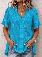 Women's Solid Color Ruffled V-neck Casual Loose Textured Cotton And Linen Top
