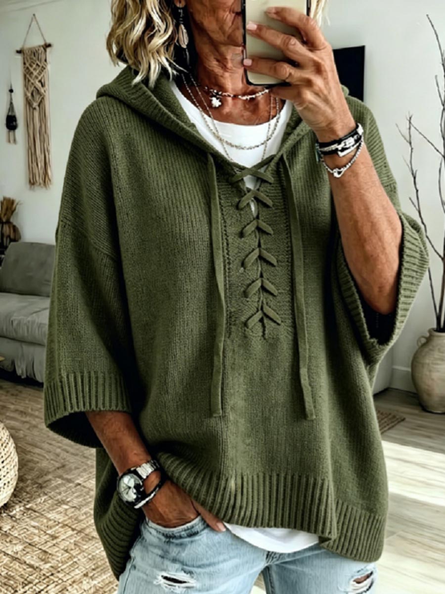 Women's Solid Color V-neck Long-sleeve Casual Loose Hooded Knit Pullover