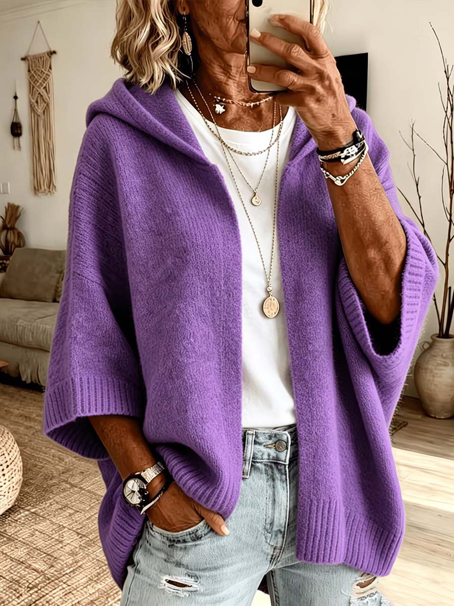 Women's Solid-Color V-Neck 3/4 Sleeve Loose-Fit Hooded Knit Cardigan