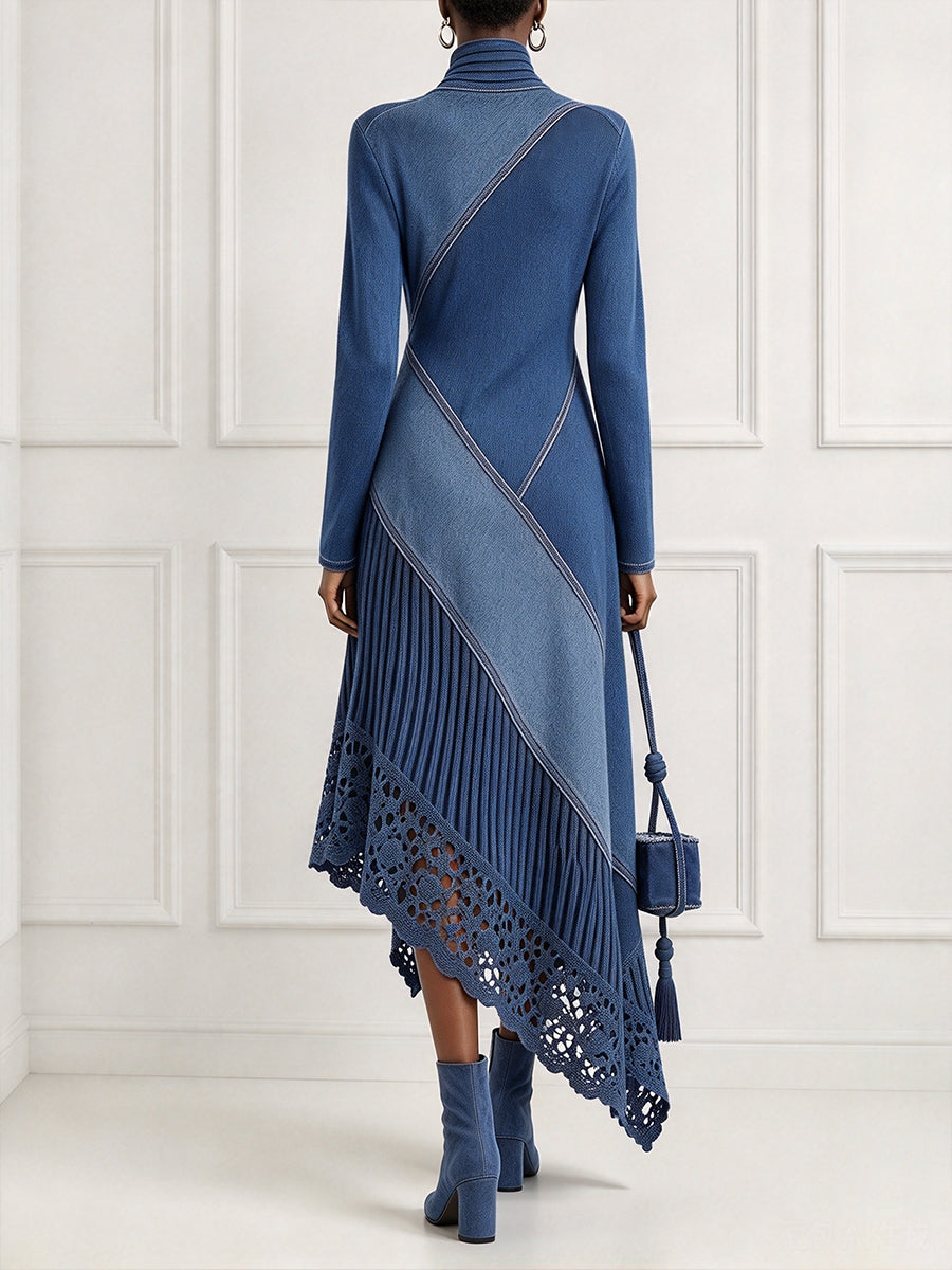 Asymmetric Pleated Patchwork Denim Maxi Dress