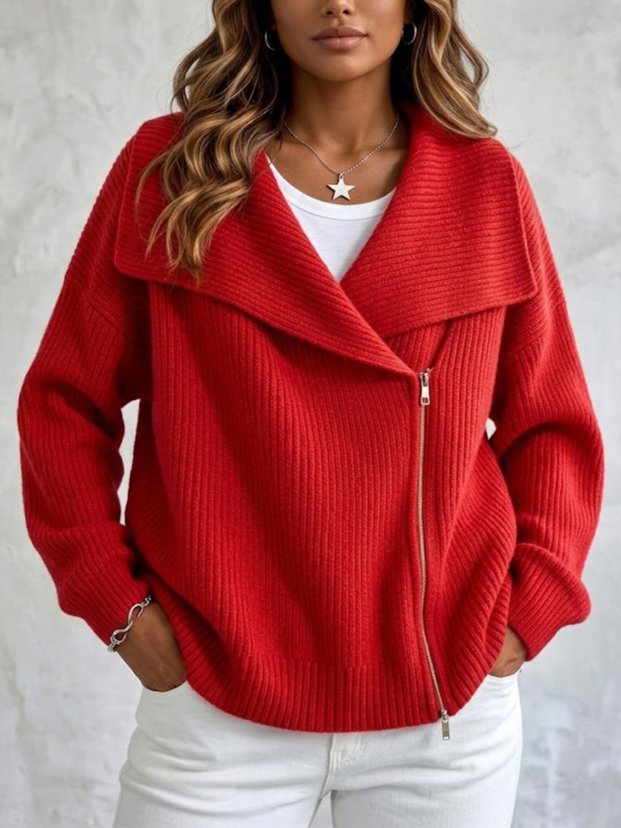 Collared Knit Jacket With Double Zippers