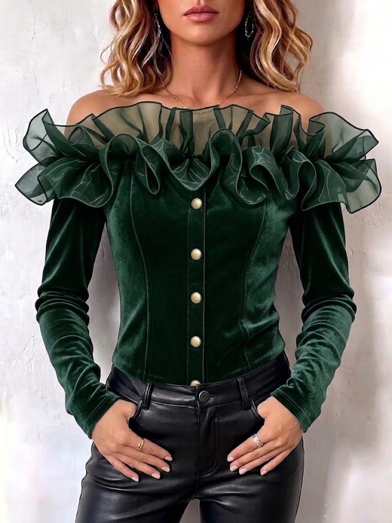 Tulle Ruffle Off‑shoulder Velvet Fitted Long‑sleeve Top