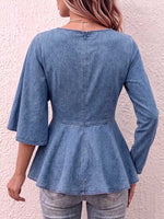 Women's Round Neck Asymmetrical Sleeve Casual Loose Denim Top