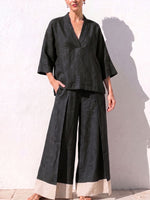Women's V-neck 3/4 Sleeve Casual Loose Cotton Linen Top High-waisted Casual Loose Color-blocked Wide-leg Pants Cotton Linen Set