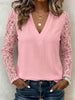 Solid V-neck Floral Hollow Lace Spliced Long Sleeve Casual Top