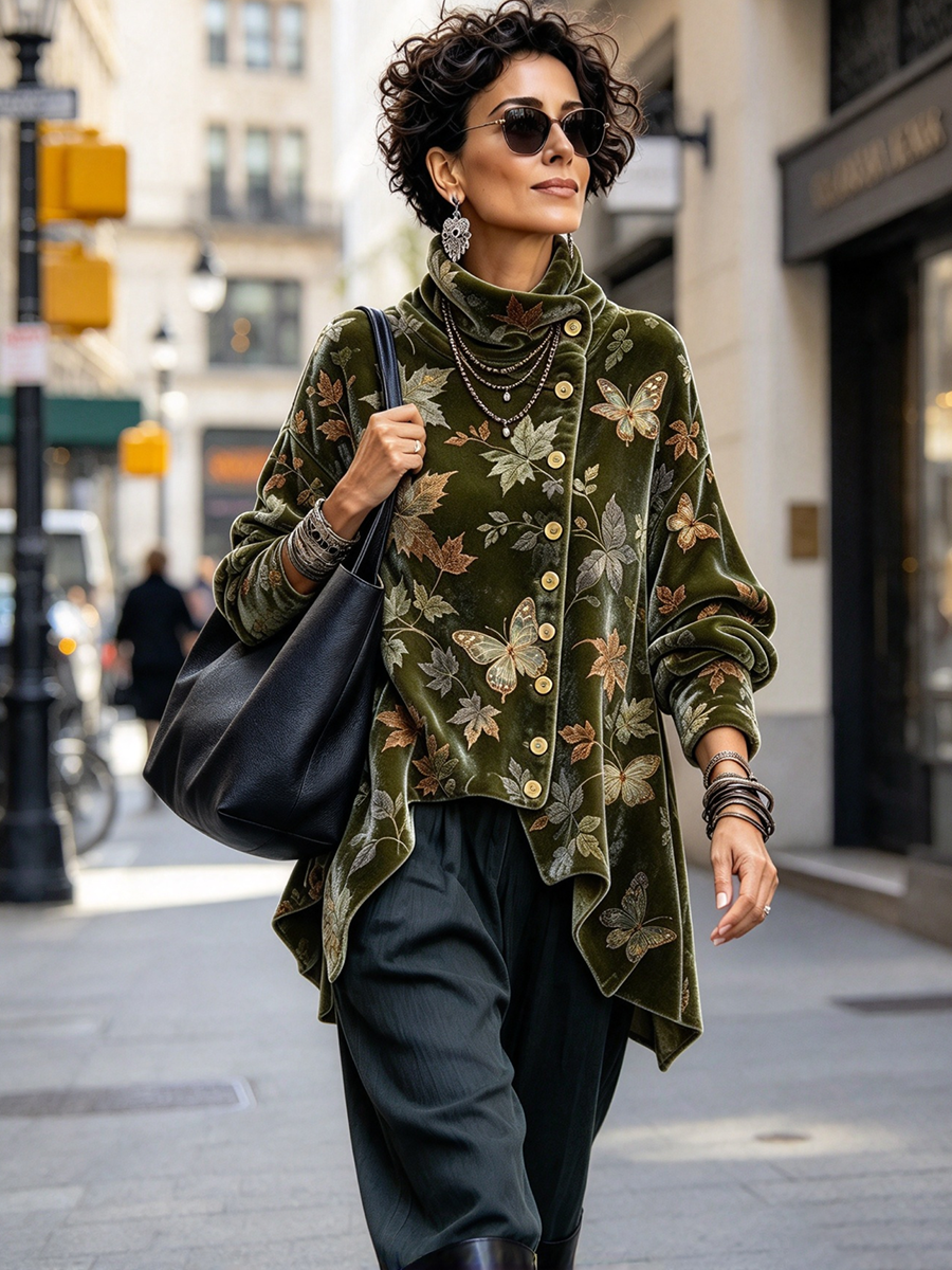 Relaxed Leaf And Butterfly Printed Asymmetric Velvet Top
