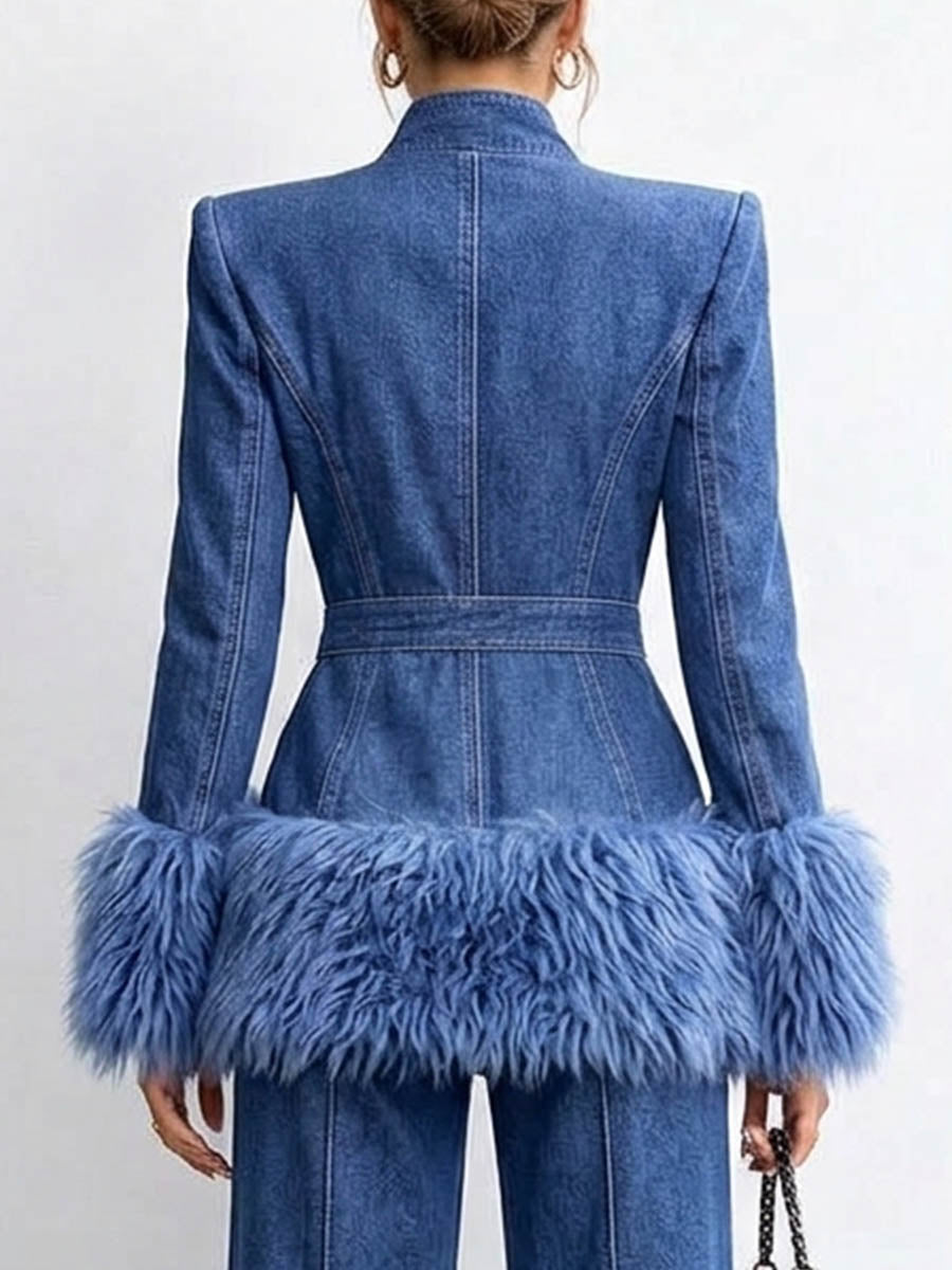 Women's Tailored Denim Jacket with Faux Fur Trim