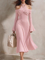 Women's Solid Color Stand-collar Off-shoulder Long-sleeve Casual Loose Knit A-line Dress