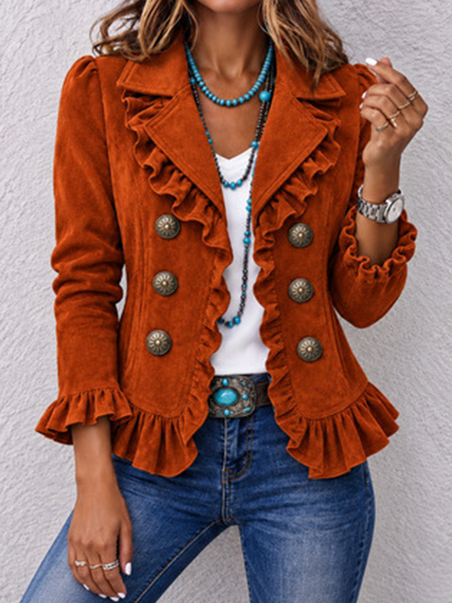 Vintage Ruffle-Trim Suede-Texture Blazer