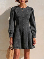 Vintage-style Long-sleeve A-line Denim Dress With A Round Neck And Waist-cinching, Slimming Fit