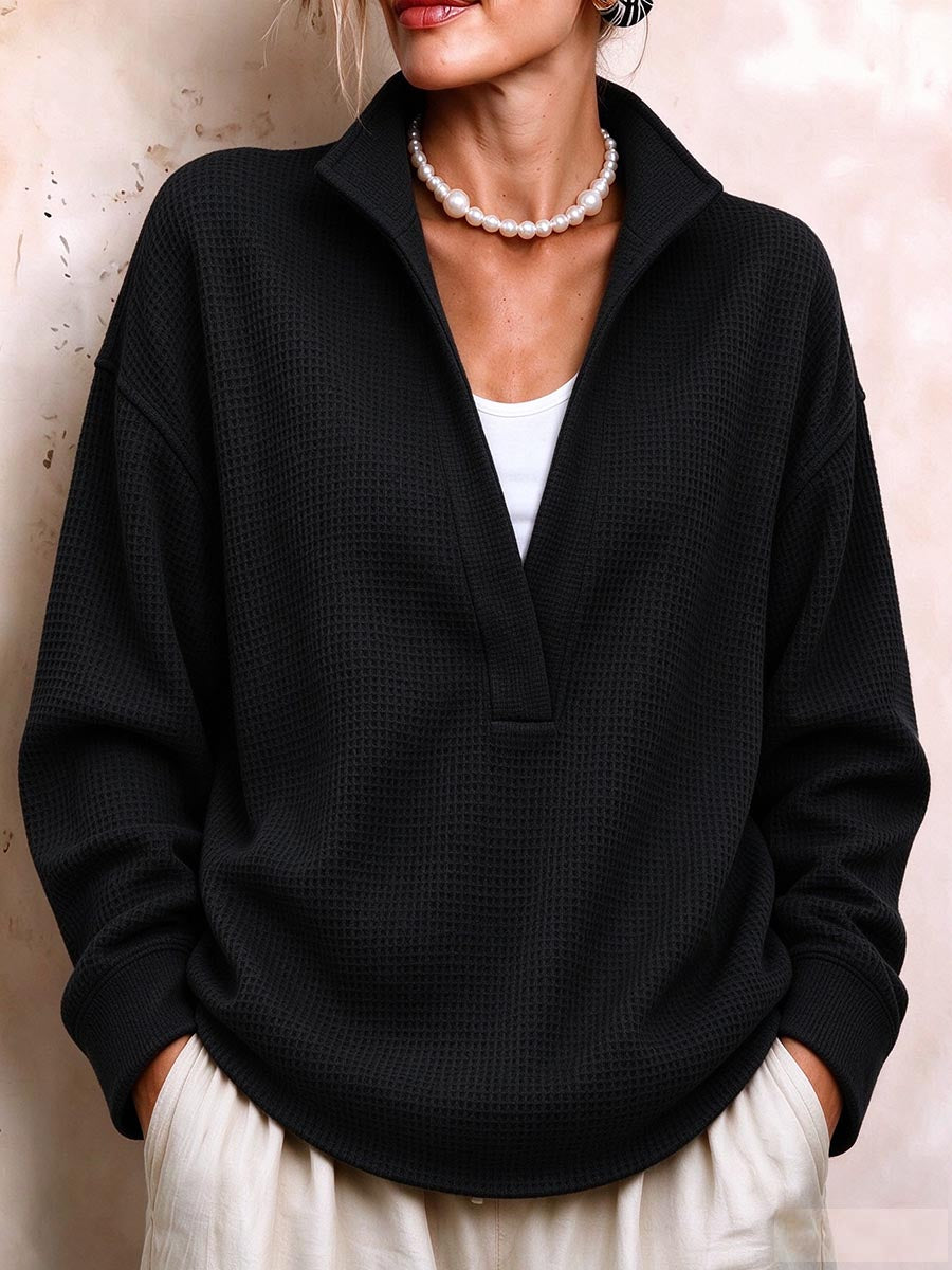 Women's Waffle Knit Split V-neck Pullover Sweater With Collar