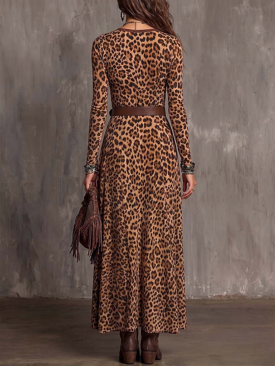 Women's Leopard Print V-neck Long Sleeve Casual Loose A-line Dress