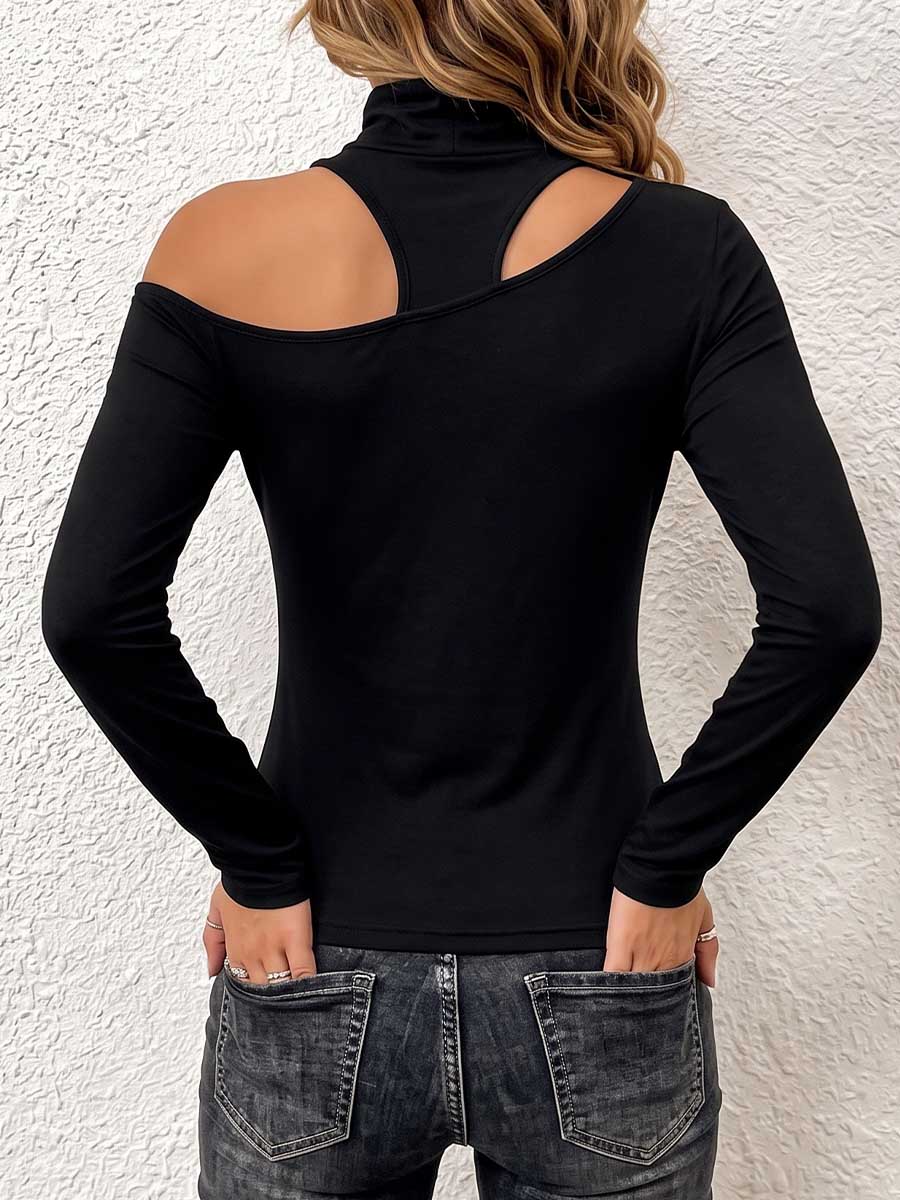 Women's Solid-color Turtleneck Cut-out Long-sleeve Loose Casual Top