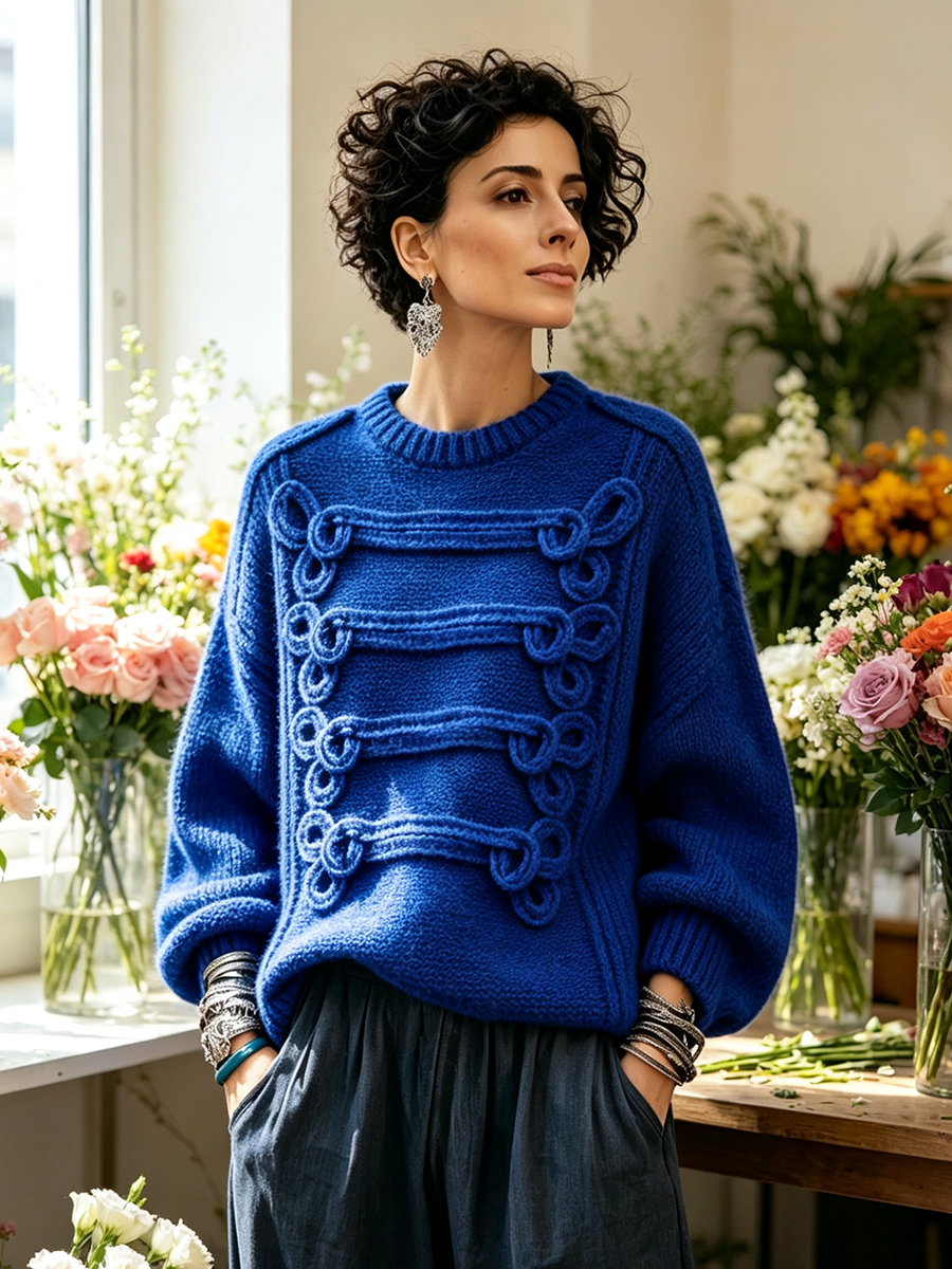 Elegant Royal Blue Knot-embellished Knit Sweater