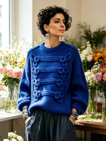 Elegant Royal Blue Knot-embellished Knit Sweater