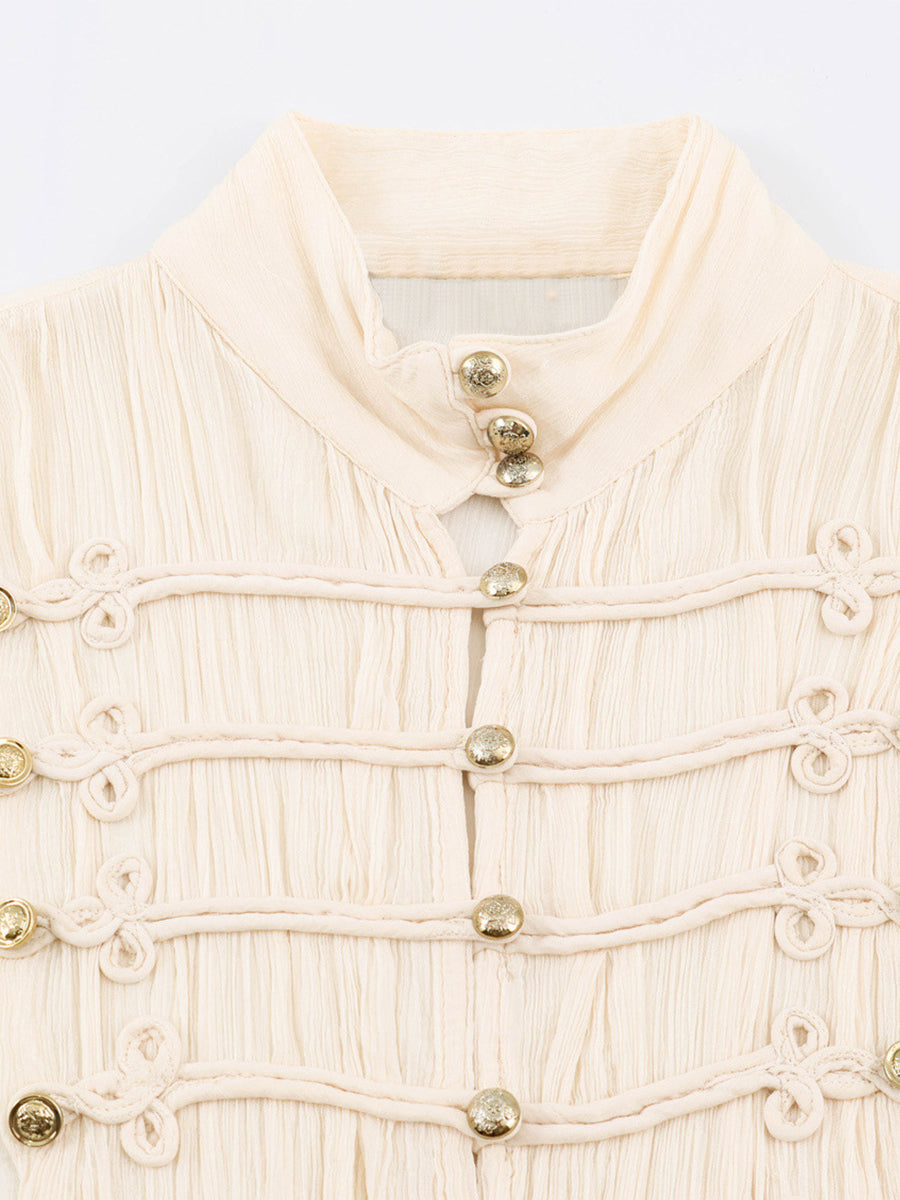 Vintage Military-Inspired Pleated Chiffon Blouse