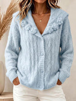 Women's Solid Color Sailor Collar Long-sleeve Casual Loose Textured Crochet Knit Cardigan