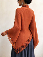 Boho Fringe Asymmetric Knit Poncho Pullover