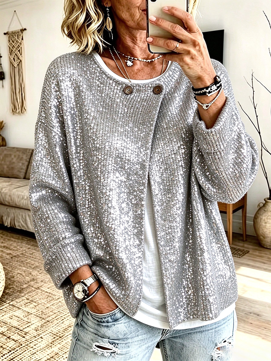 Stylish Sparkly Silver Sequin Knit Cardigan