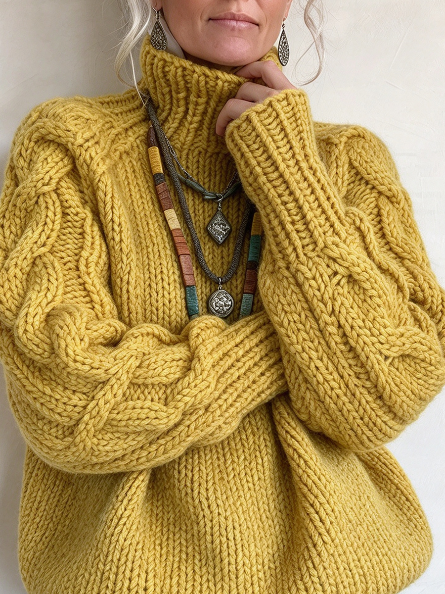 Relaxed Chunky Cable Knit Turtleneck Sweater