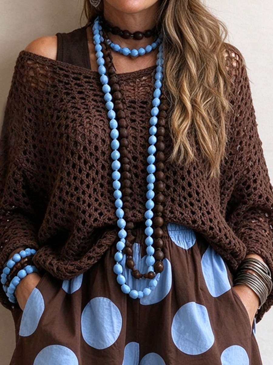 Casual Relaxed Brown Open-knit Mesh Sweater Top