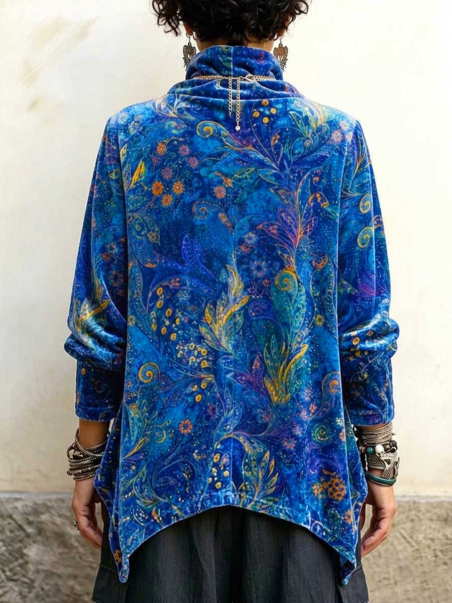 Women's Abstract Print High-neck Long-sleeve Loose-fit Velour Top