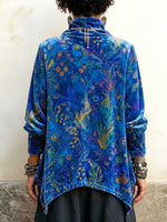 Women's Abstract Print High-neck Long-sleeve Loose-fit Velour Top
