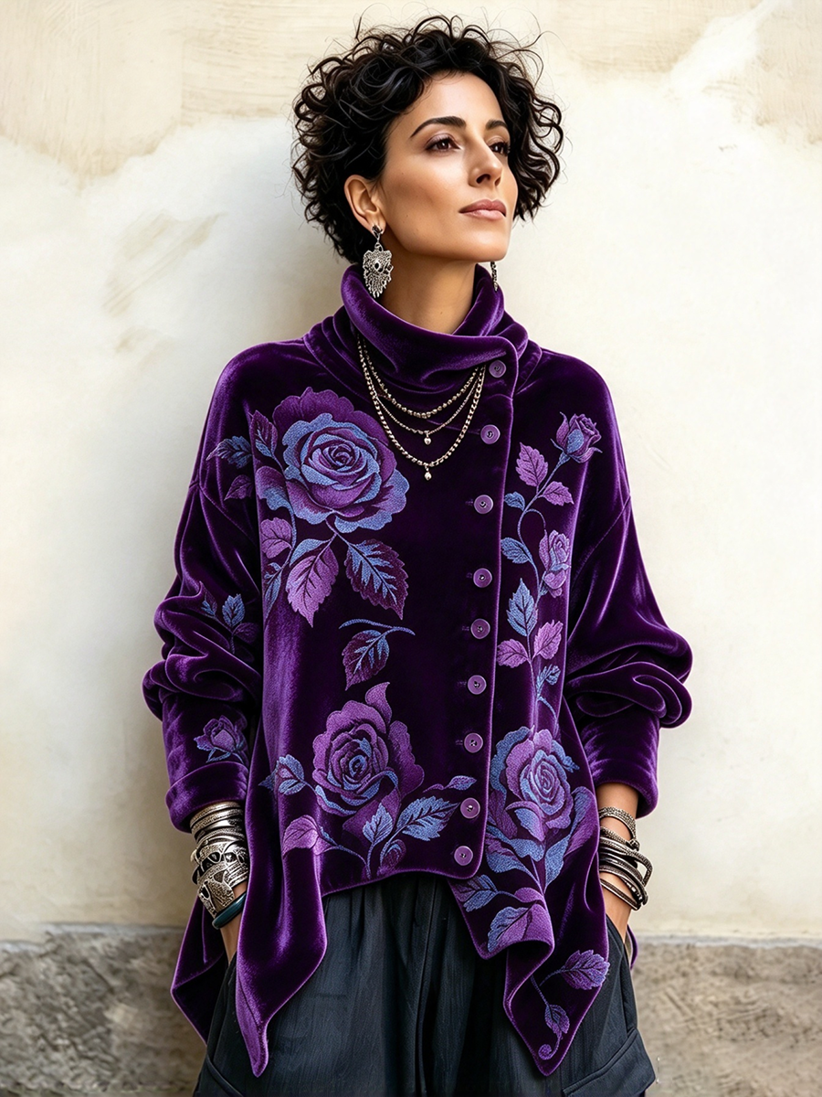 Elegant Floral Rose Prints Asymmetrical Button-up Velvet Top