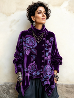 Elegant Floral Rose Prints Asymmetrical Button-up Velvet Top
