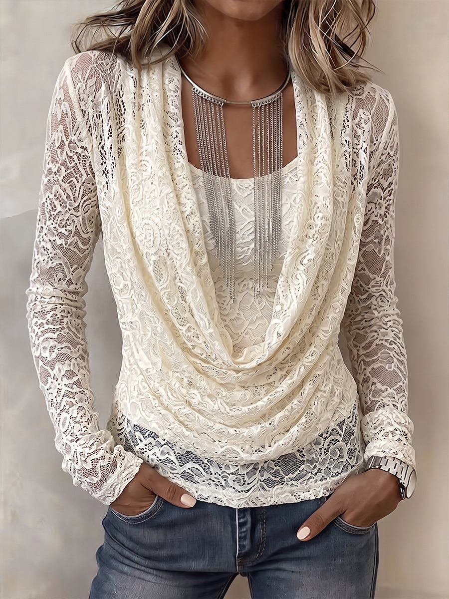 Elegant Draped Cowl-Neck Lace Pullover(No Tank)