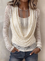Elegant Draped Cowl-Neck Lace Pullover(No Tank)