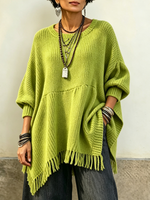 Cozy Lime Green Fringe Knit Oversized Long Sweater