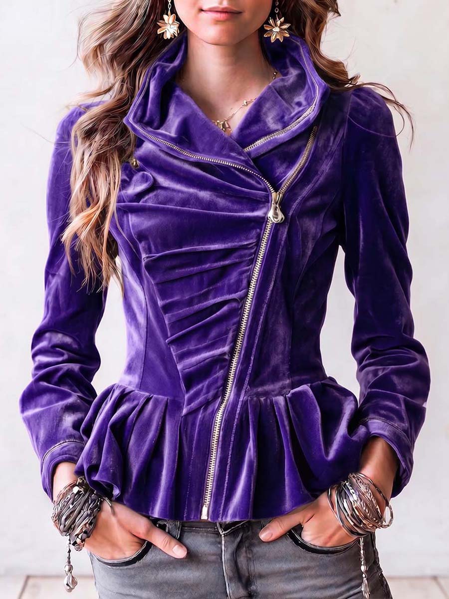 Women's Solid-color Lapel Long-sleeve Slim-fit Casual Velvet Jacket